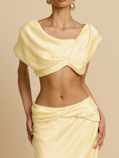 yellow pleated geometric splicing shape bandeau skirt suit