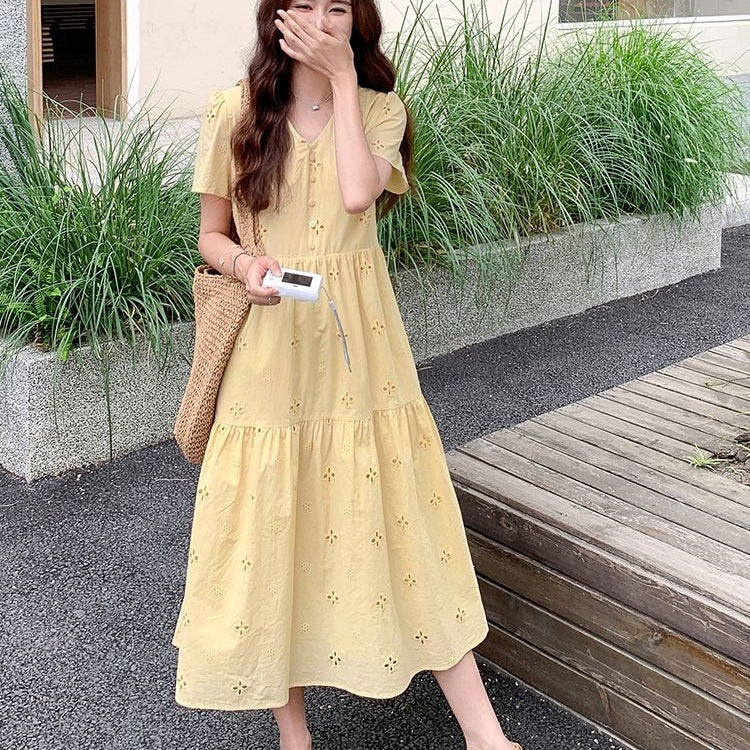 v-neck openwork floral embroidered midi dress - Yellow