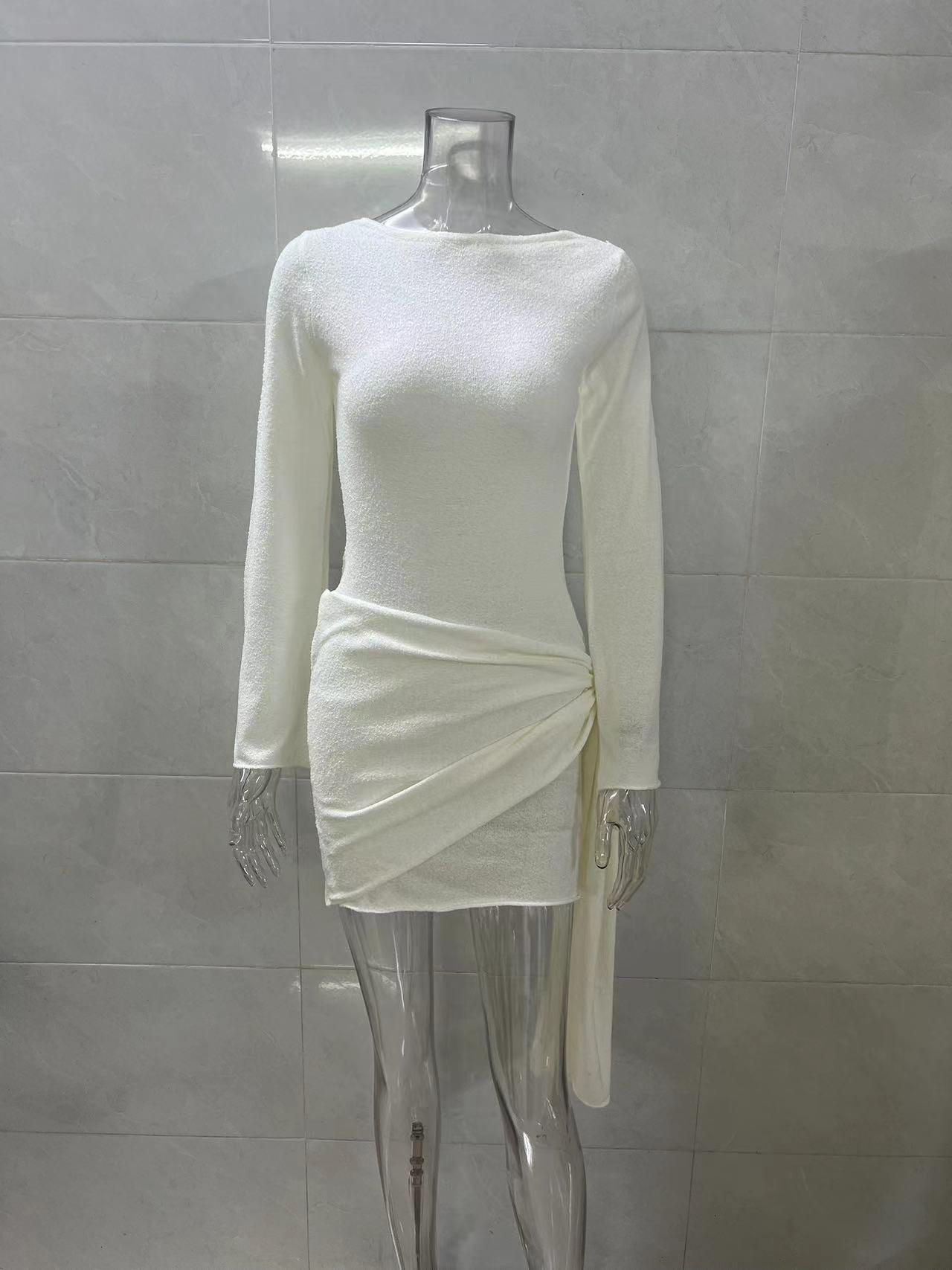 white long sleeve knitted mini dress