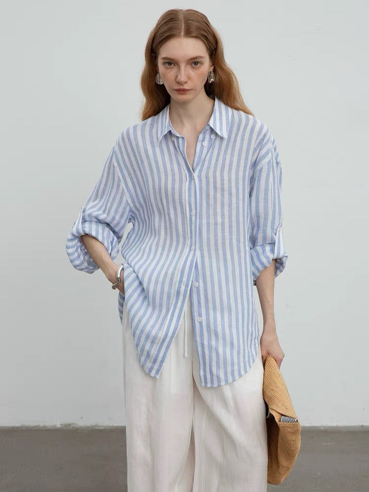 blue and white Linen-Dyed Relaxed Silhouette Striped Shirt