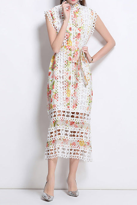 print A-line lace trim midi dress - white