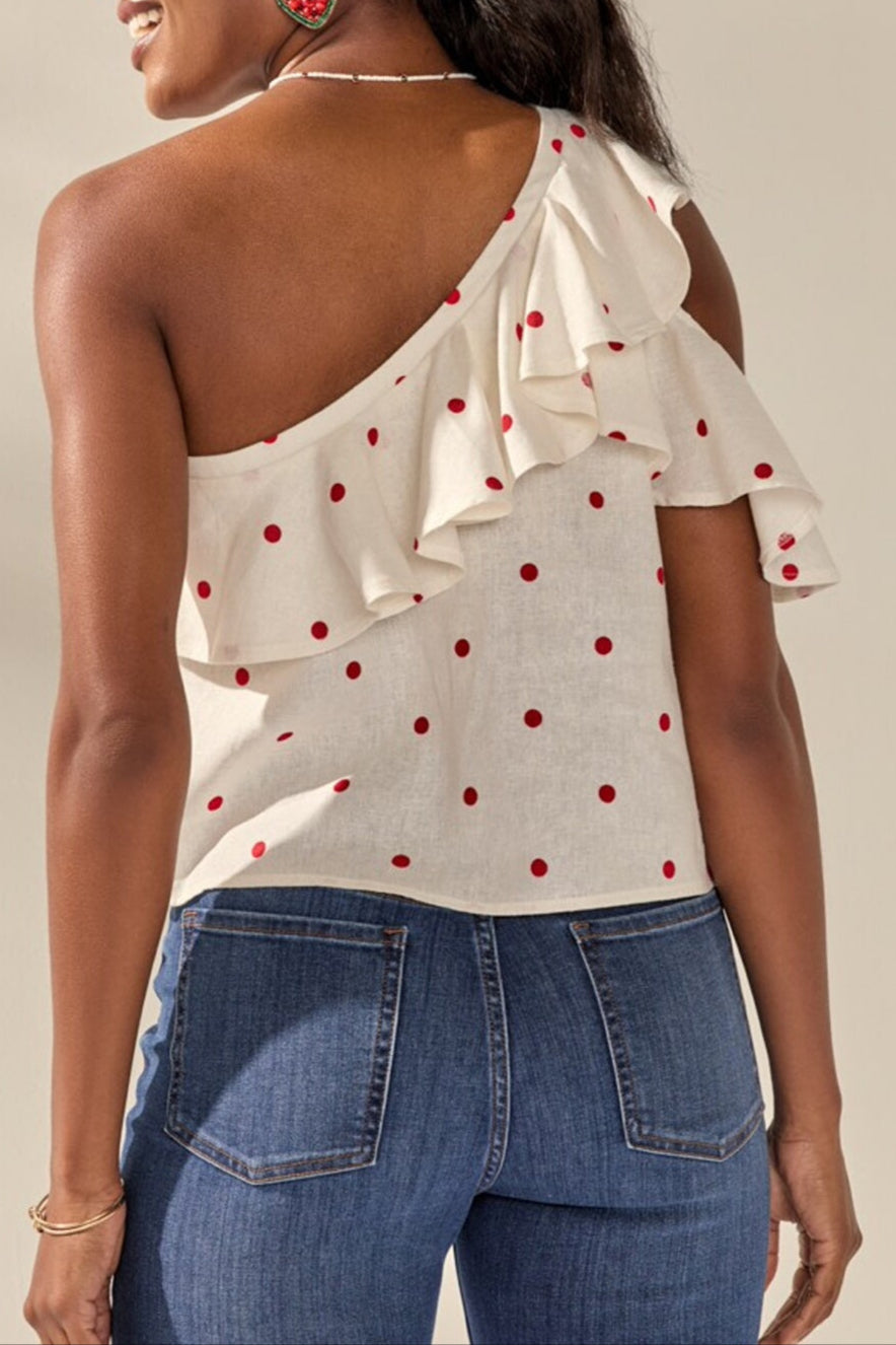 polka dot ruffle one-sided off-the-shoulder linen top