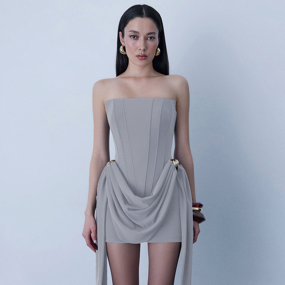 grey open back bandeau streamer mini dress