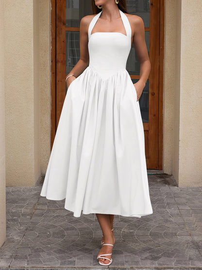 white halterneck strap backless midi dress