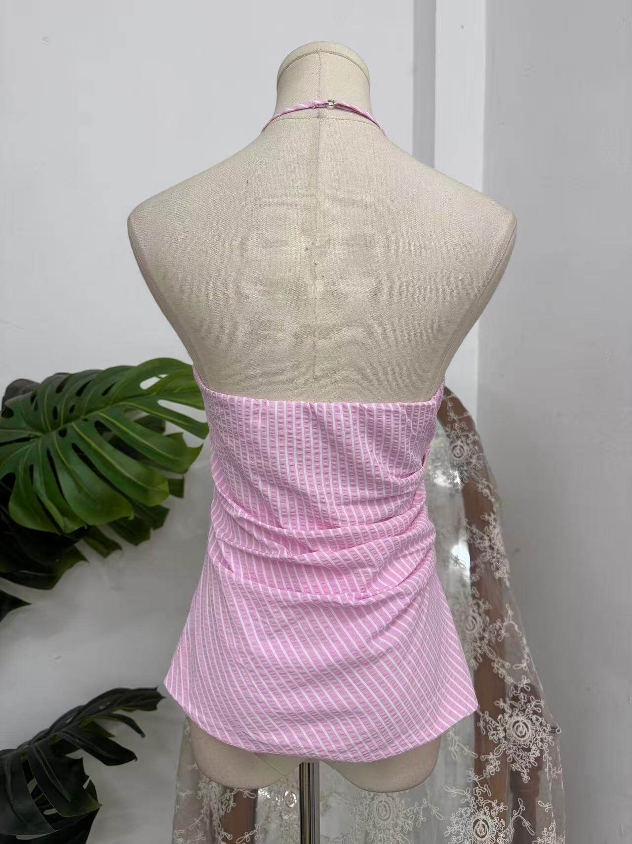 pink striped pleated halterneck top