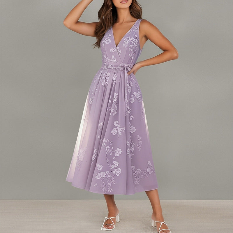 purple V-Neck Print Lace-up Sleeveless Dress