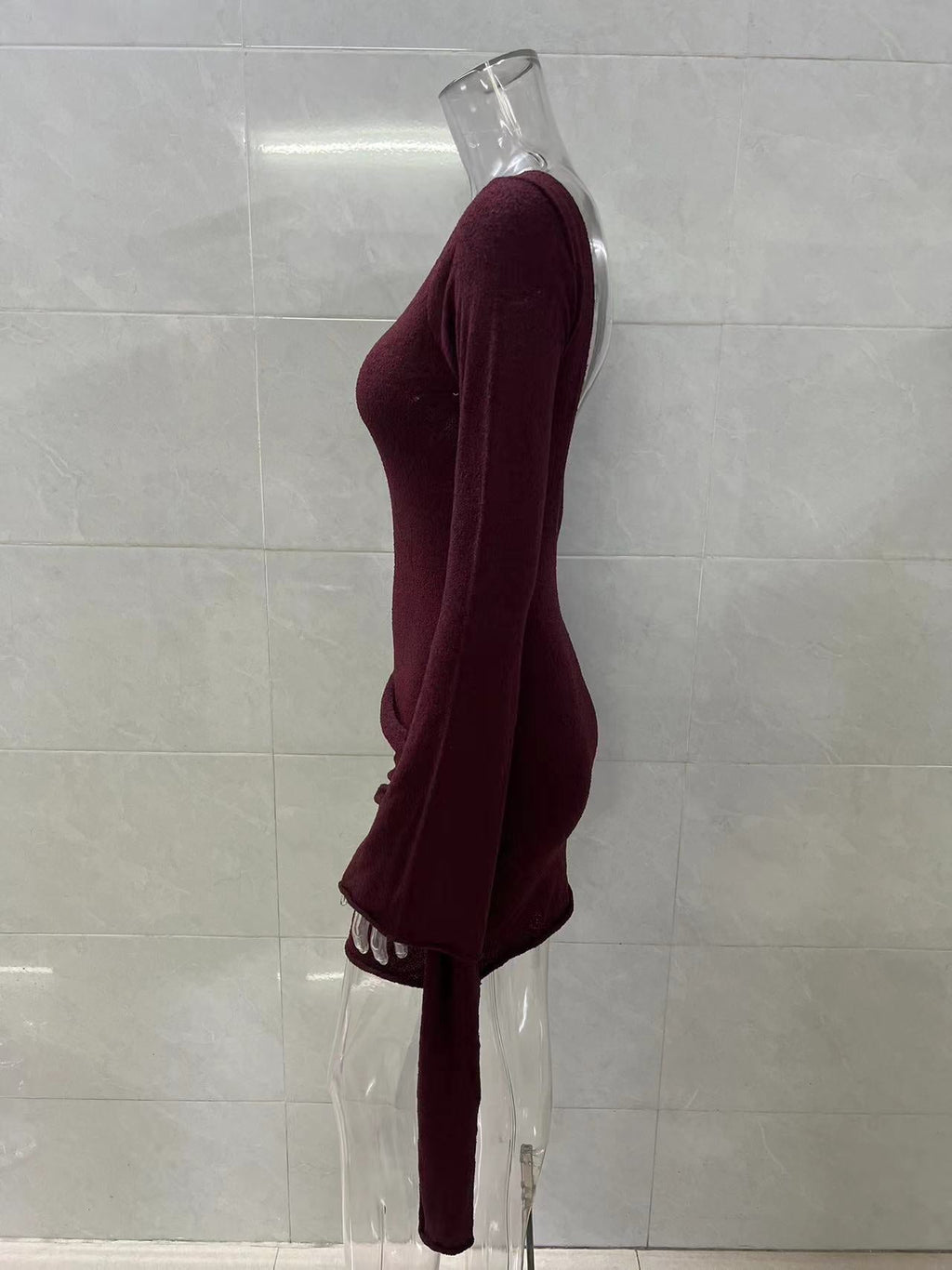 brown backless long sleeve knitted mini dress