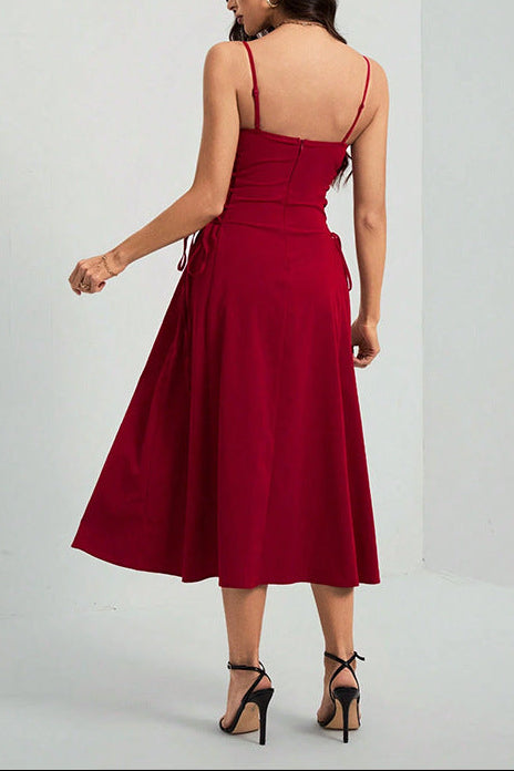 red Waist-cinching sleeveless suspender dress
