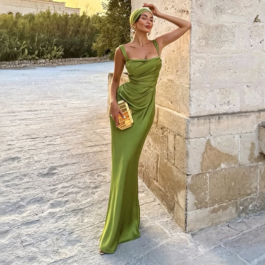 green satin herring bone slip dress