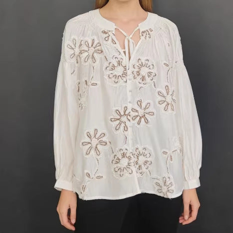 lower embroidery versatile stand-up collar long sleeve shirt
