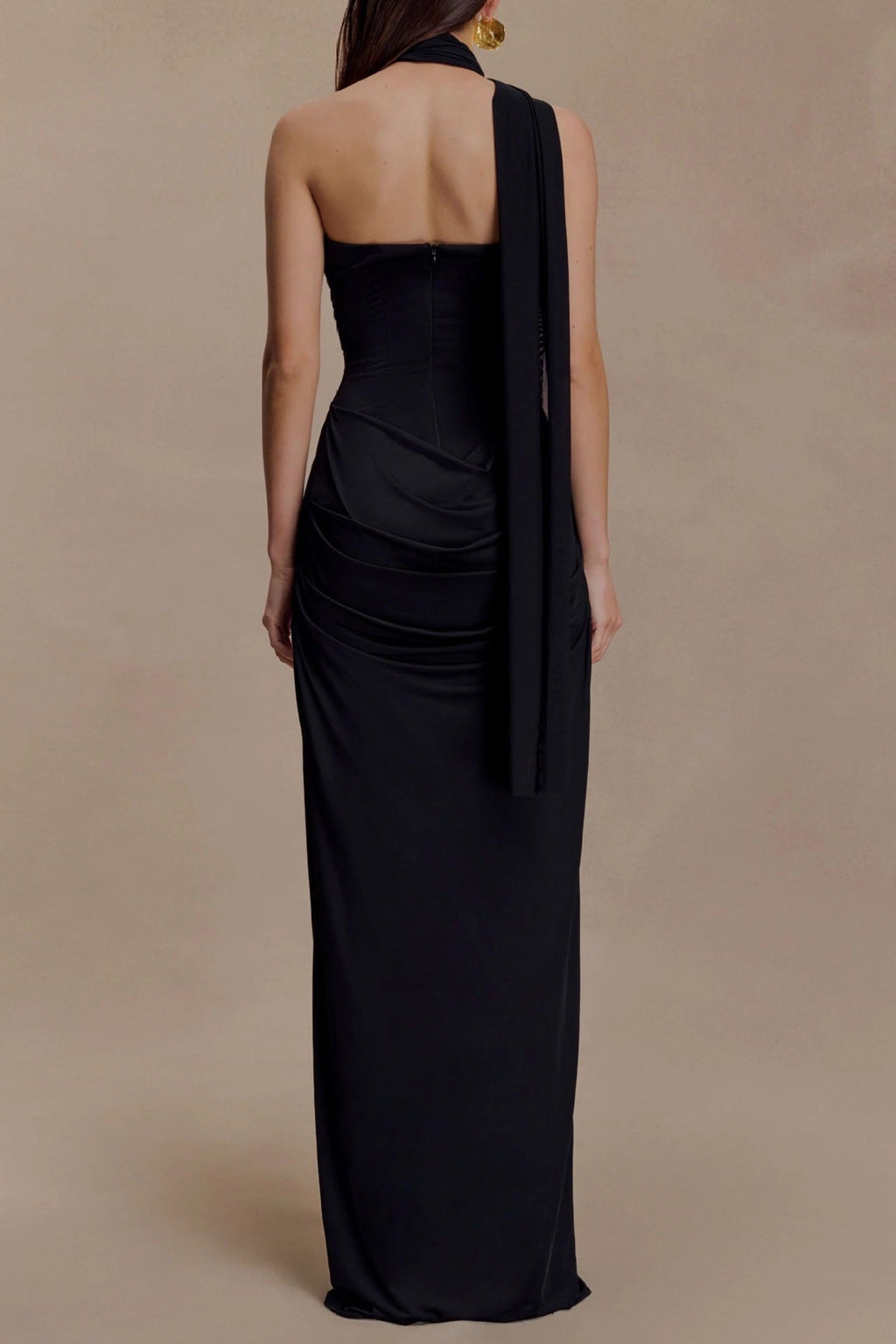 black bandeau sloping shoulder maxi dress