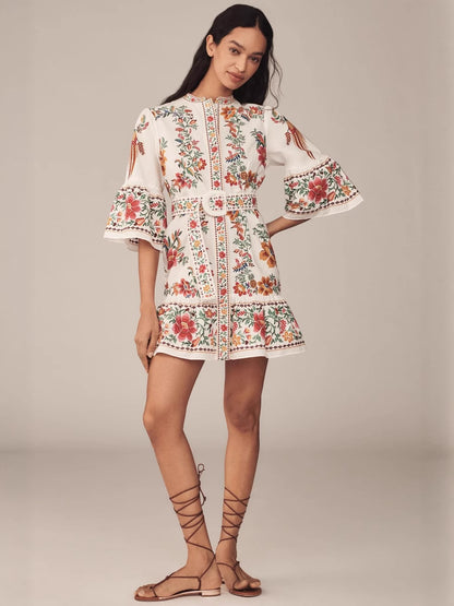 V-neck linen printed lantern sleeve ruffled mini dress