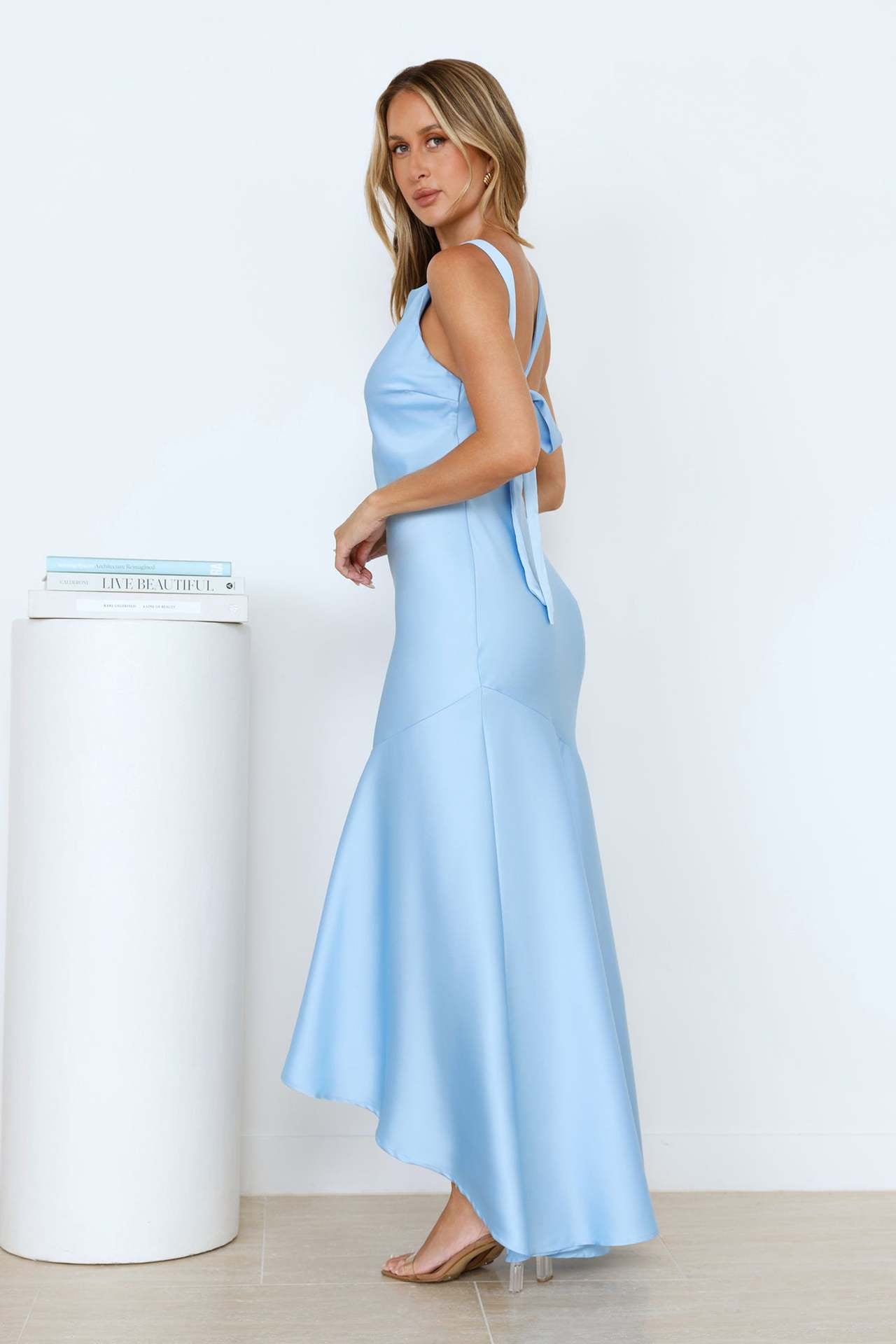 blue satin fishtail large swing maxi dress