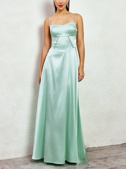green matte satin backless slip dress