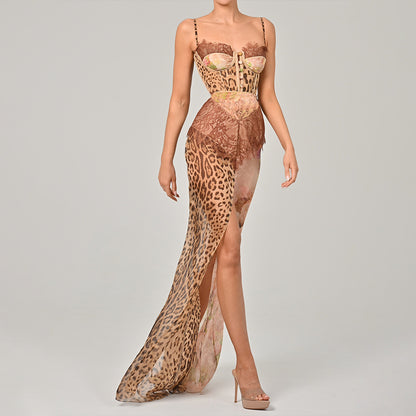 brown suspender slit bandeau chiffon dress