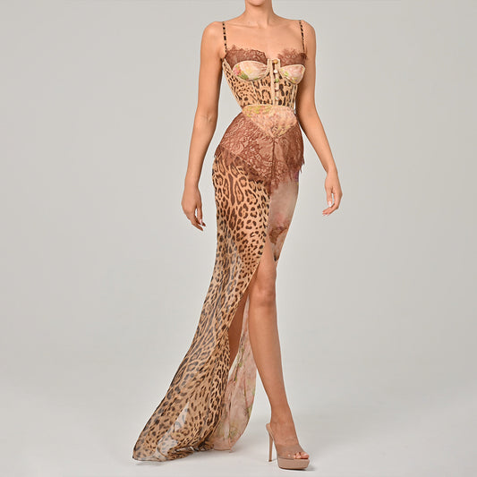 brown suspender slit bandeau chiffon dress