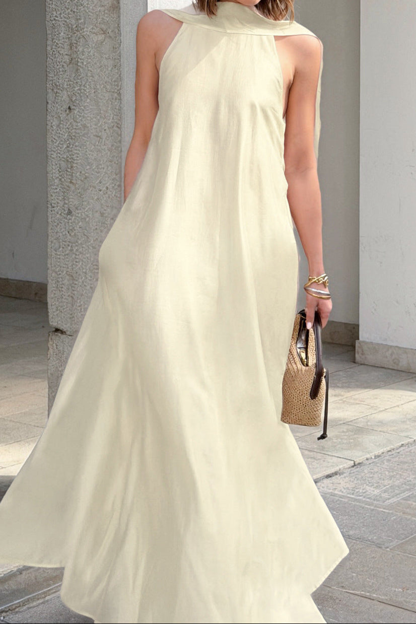 Irregular Tencel Sleeveless Halter Neck Dress - Apricot