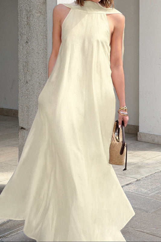 Irregular Tencel Sleeveless Halter Neck Dress - Apricot