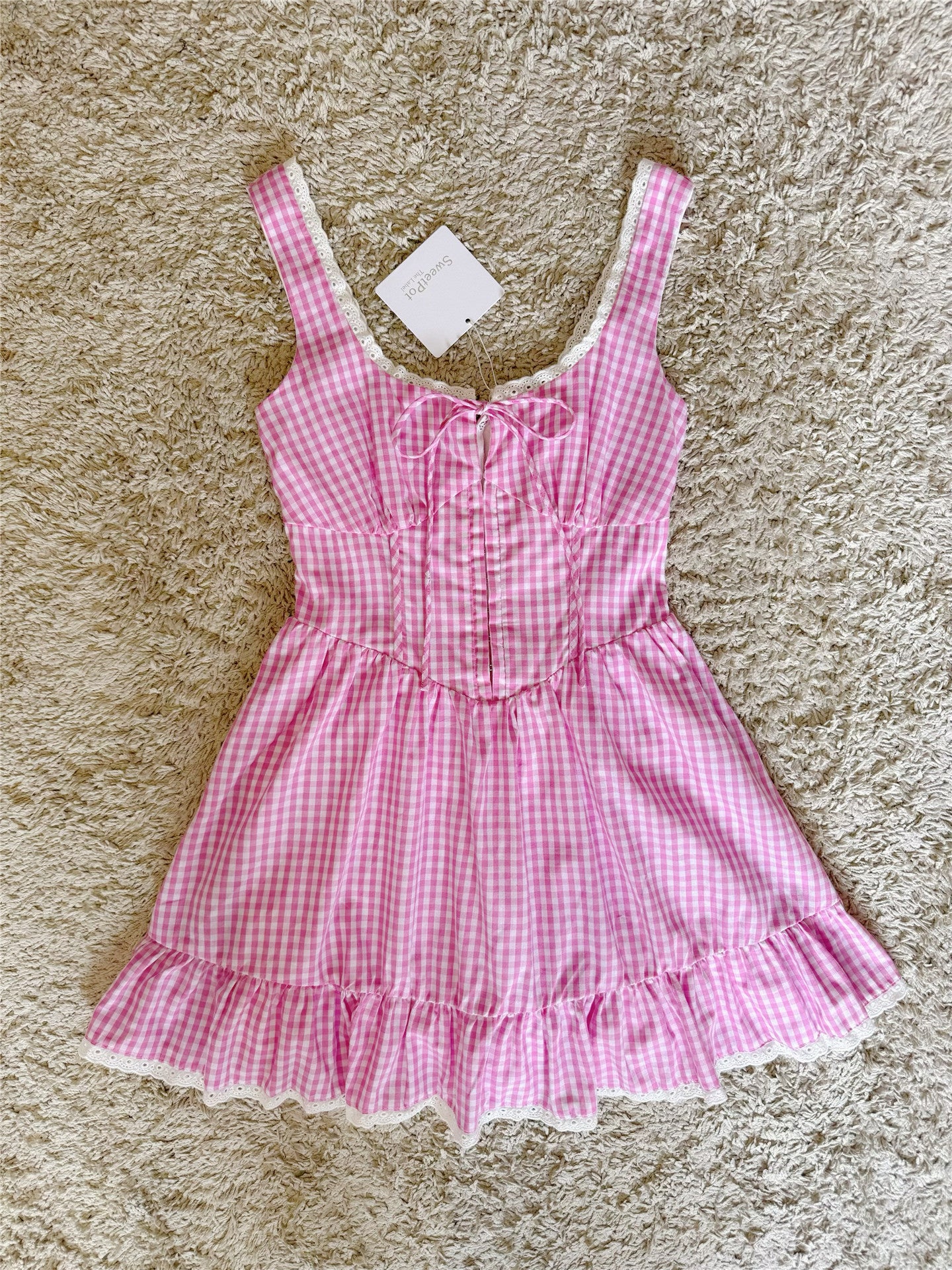 plaid wave lace tie waist-cinching cotton dress