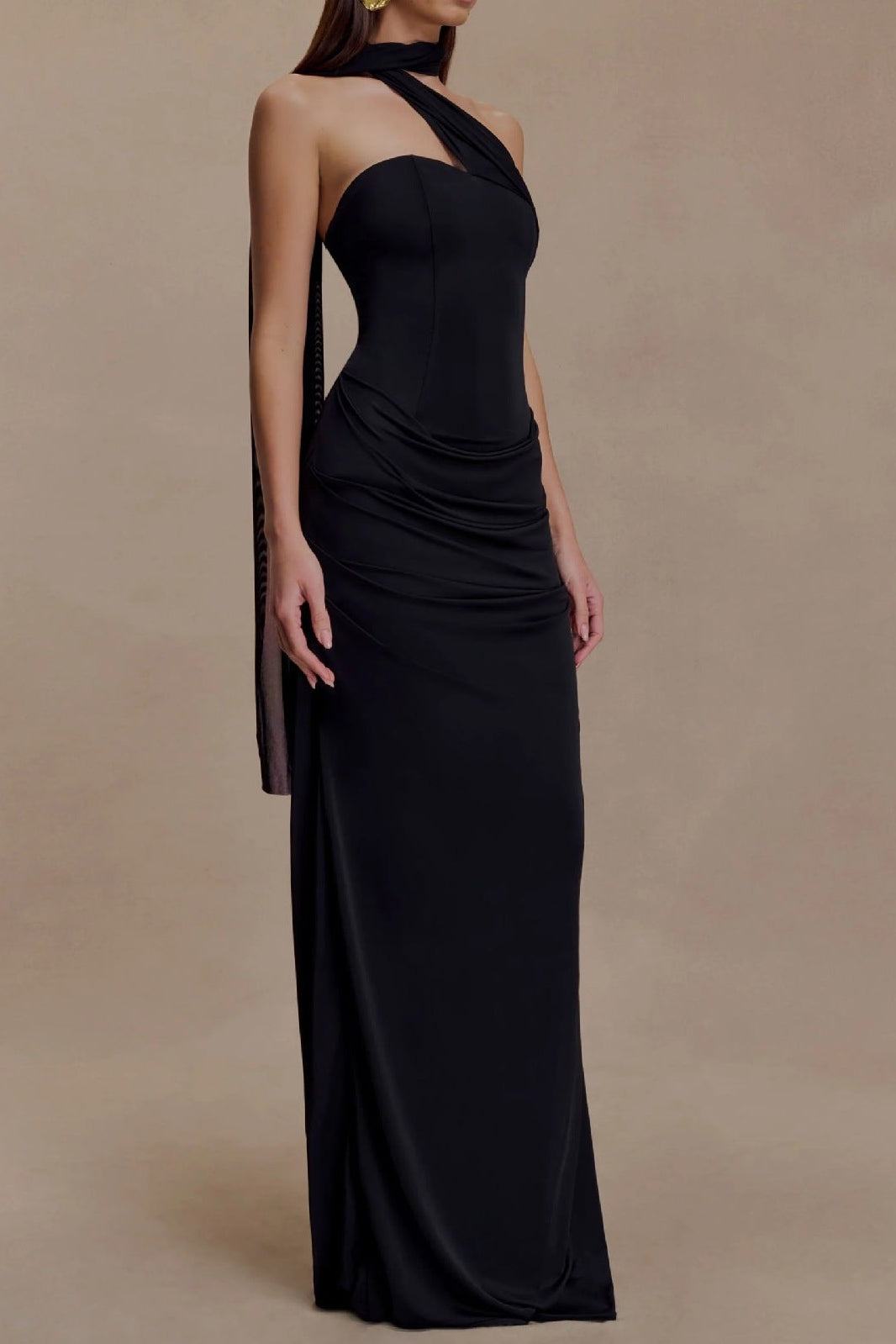 black bandeau sloping shoulder maxi dress