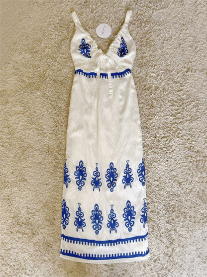 blue-and-white porcelain printed V-neck lace-up side slit dress