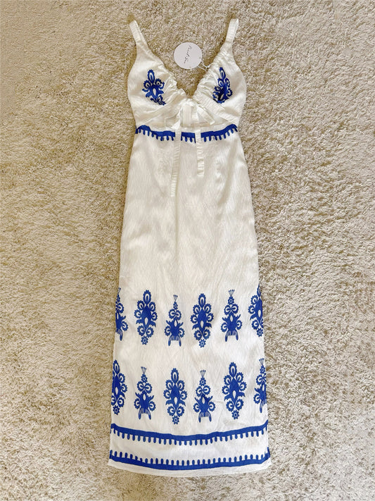 blue-and-white porcelain printed V-neck lace-up side slit dress