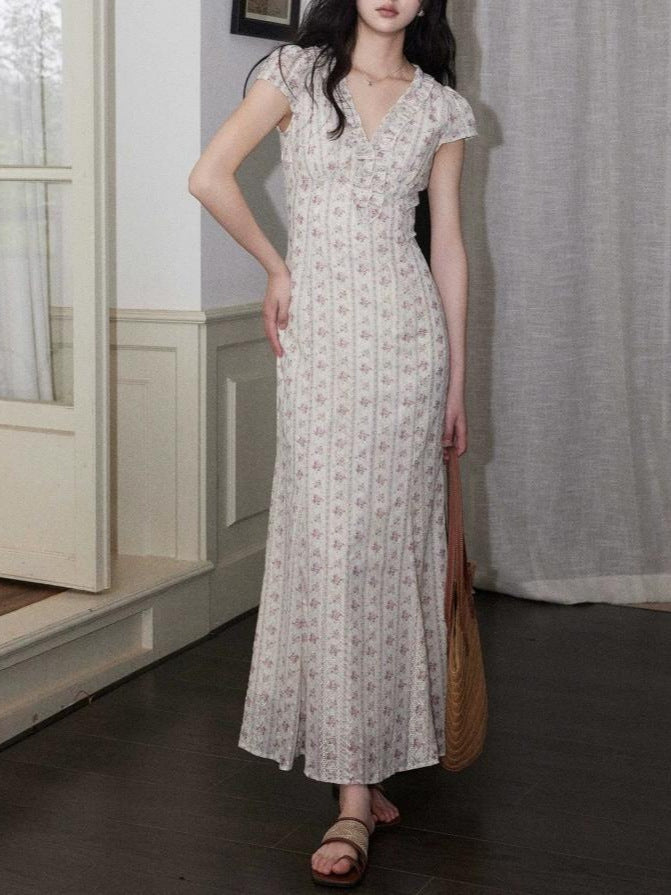 Retro V-neck embroidered floral midi dress