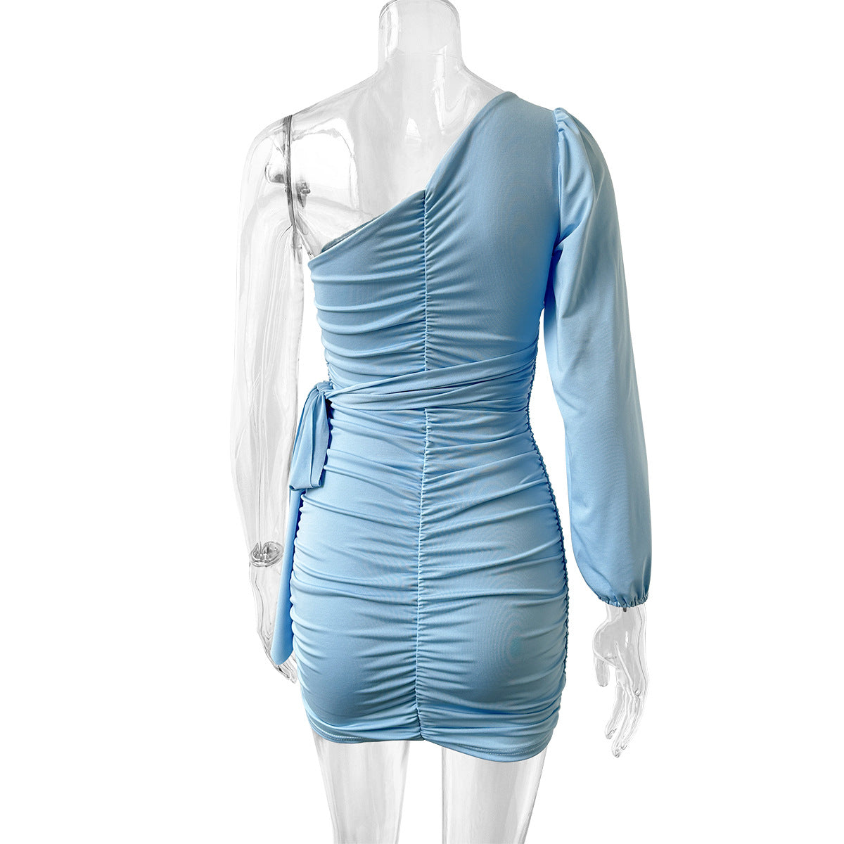 blue One-shoulder pleated long-sleeved mini dress