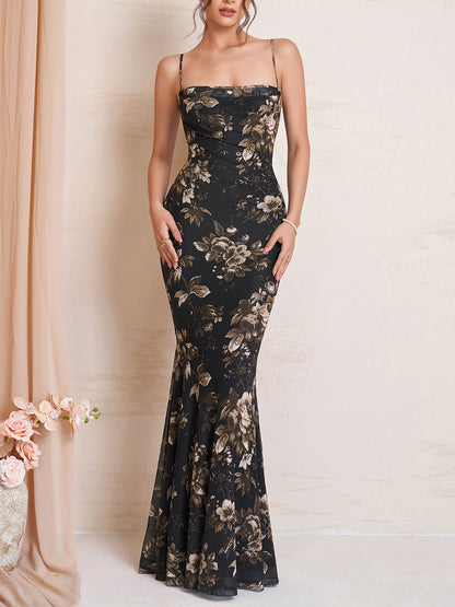 black print Mesh slip open back pleated dress