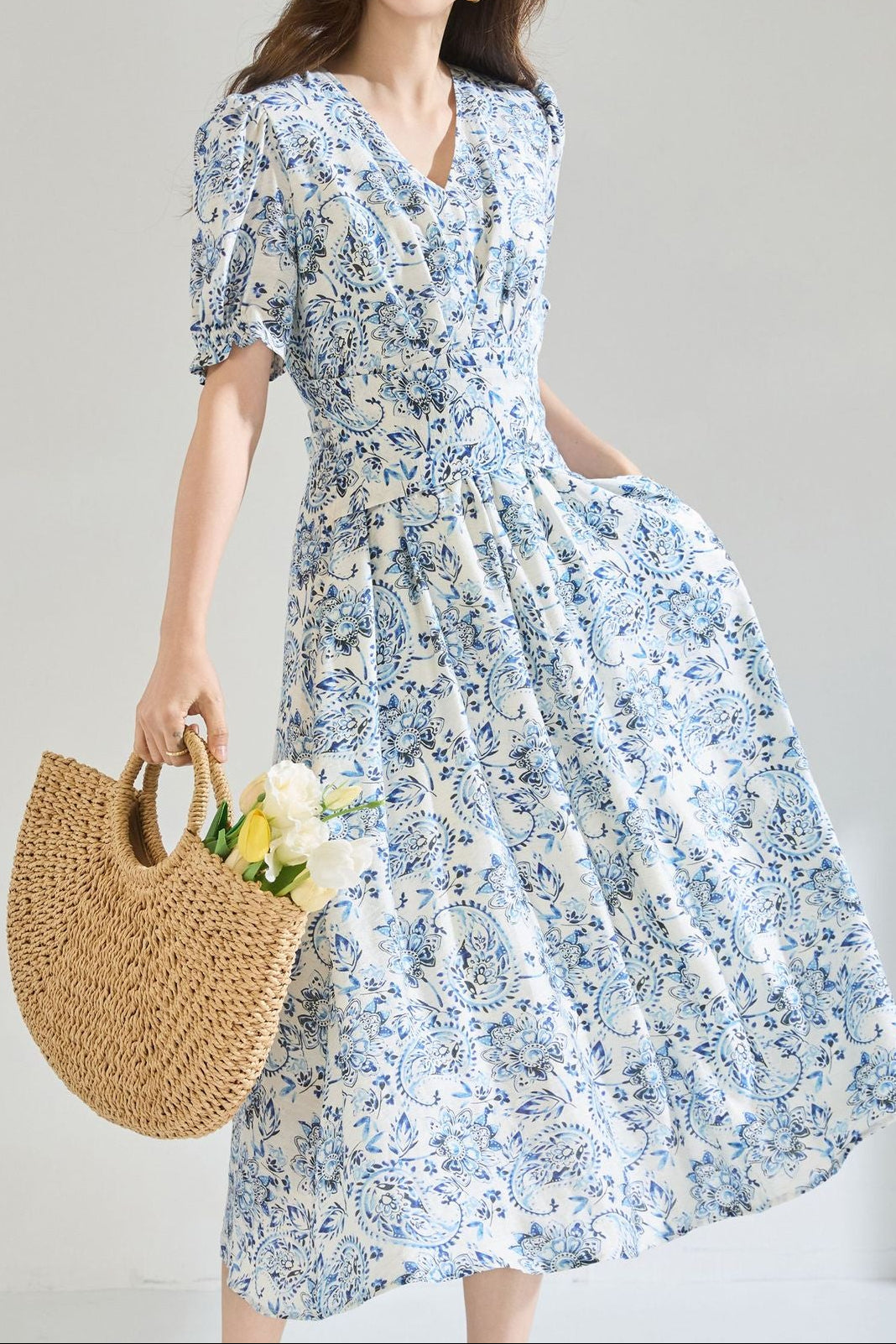 Linen blue floral print midi dress