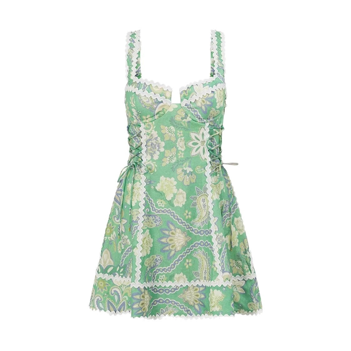 green linen sleeveless camisole lace dress