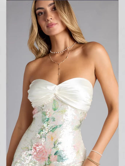 flower pattern lace-up bandeau bow mini dress