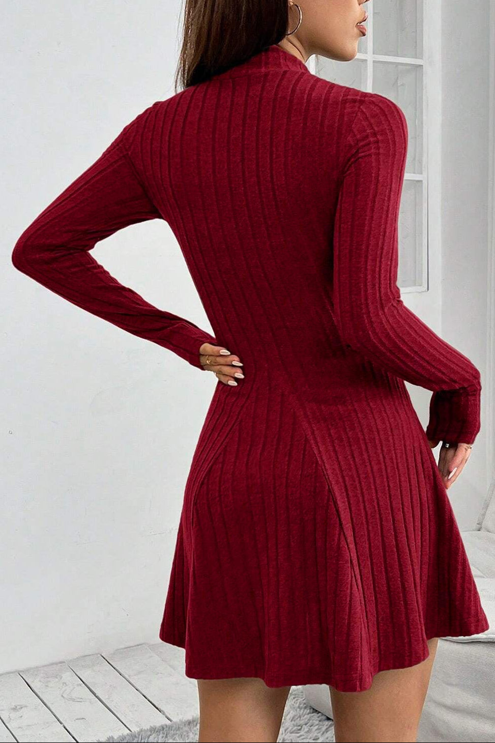 april red High-neck long-sleeved fitted A-line dress