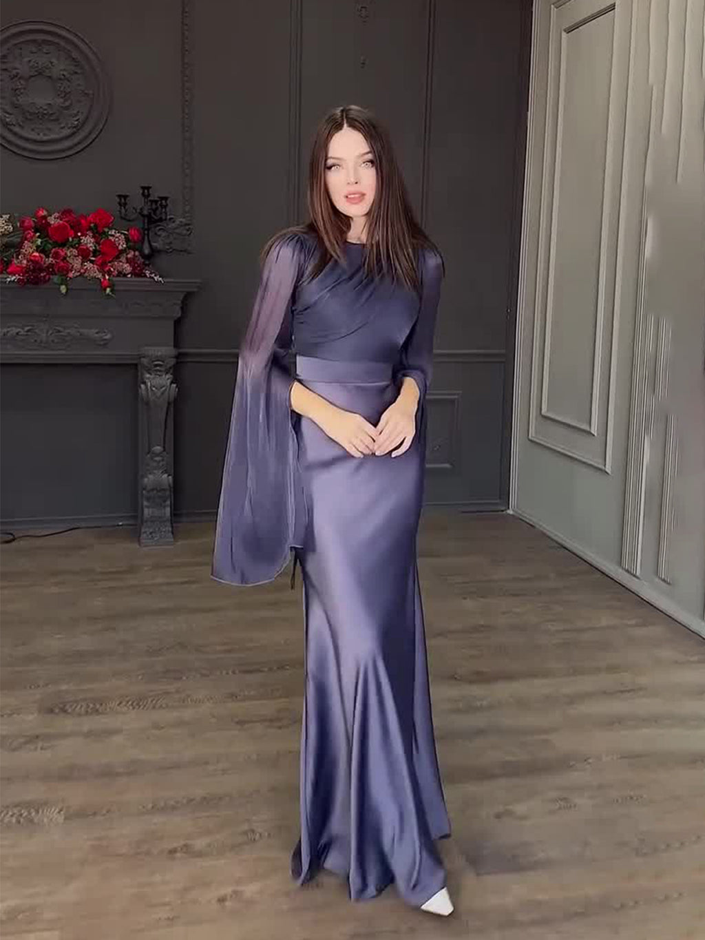 Spliced Glass Tulle Large Swing Sleeve Long Satin Slim Fit Dress