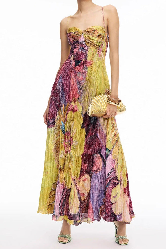 Floral print pleated strapless slip maxi dress