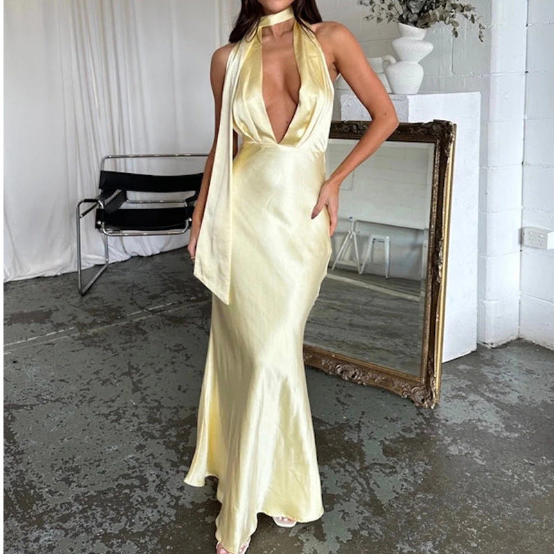 yellow Deep V-Neck Empire Waist Halter Maxi Dress