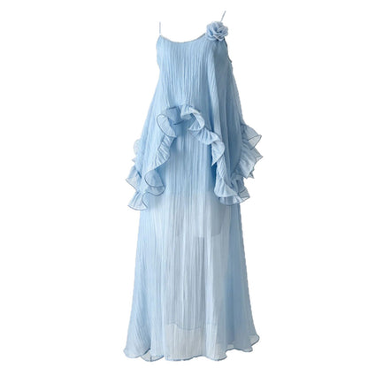 Irregular ruffle Tencel slip maxi dress - blue