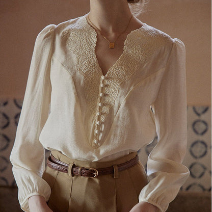 cream apricot V-neck top