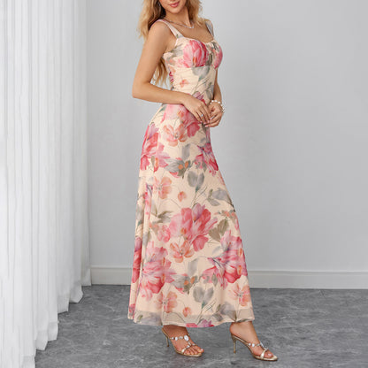 pink mesh print slip backless dress