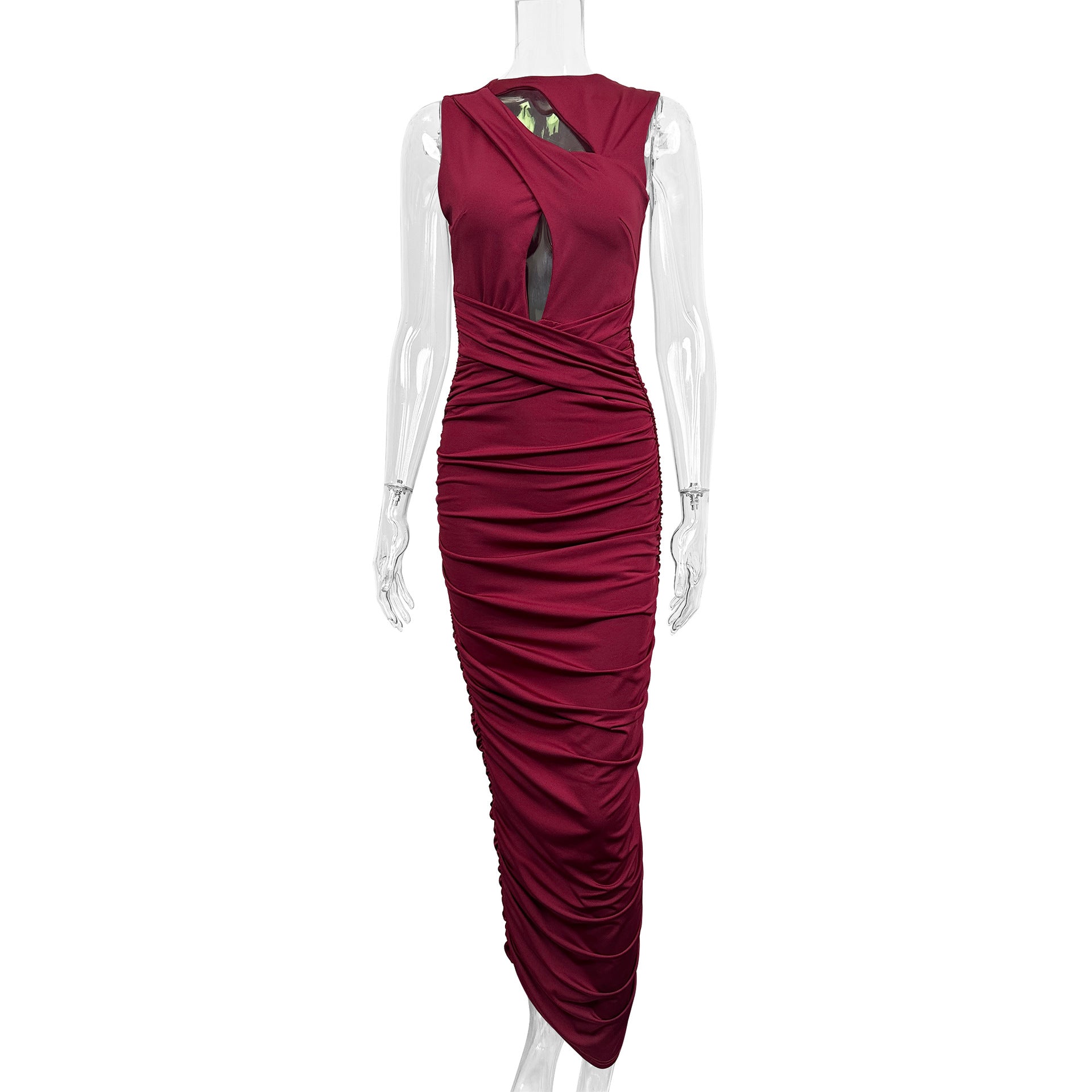 red Pleated sleeveless round neck bodycon dress
