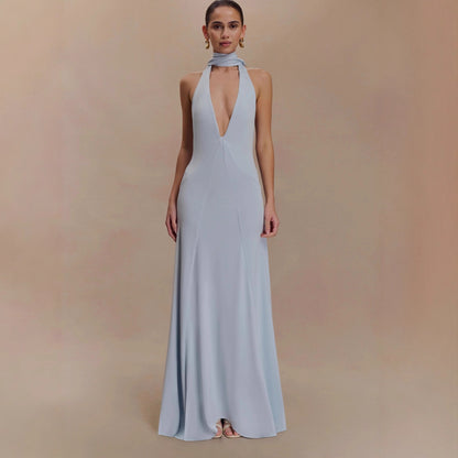 deep V-neck streamer halterneck  pleated open back dress