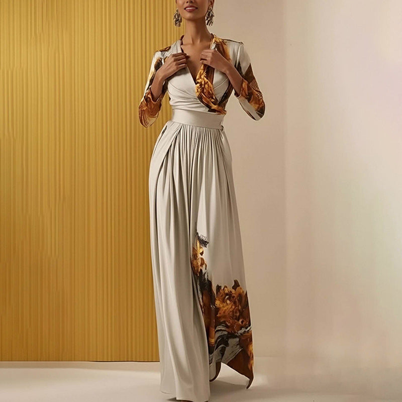 V-Neck Print Pleated Wide-leg Jumpsuit