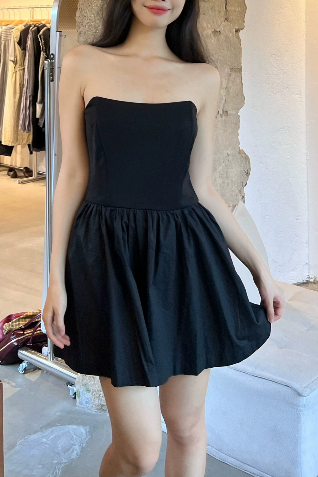 black fishbone shaping pinch pleats waist bandeau dress