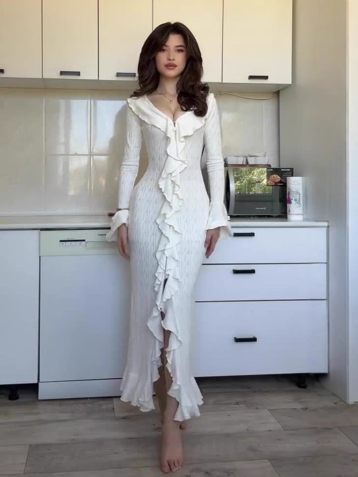 queena white long-sleeved maxi dress