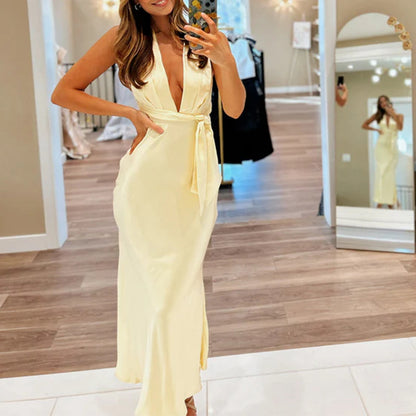 yellow Deep V-Neck Empire Waist Halter Maxi Dress