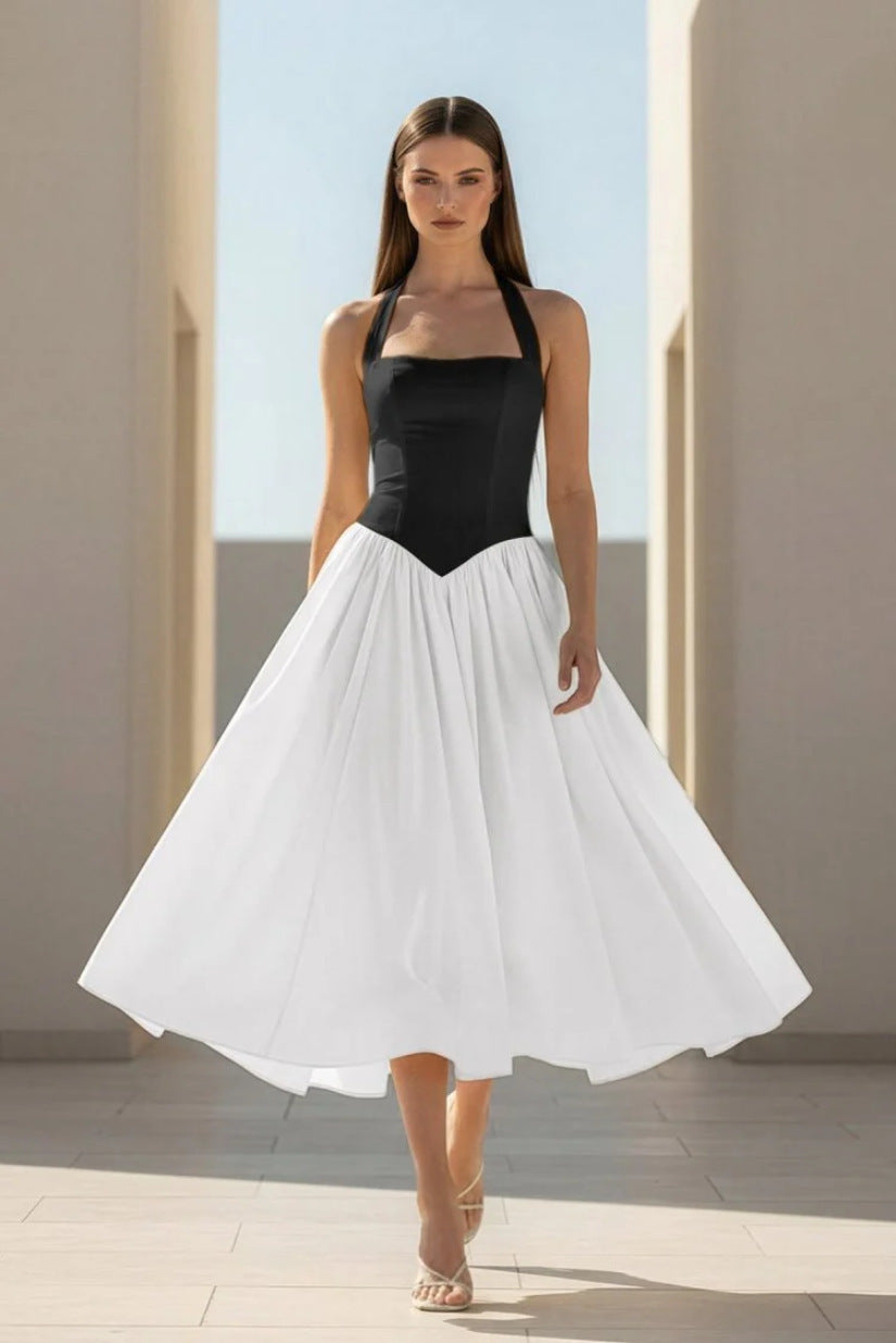 black and white Halter Strappy Backless midi Dress