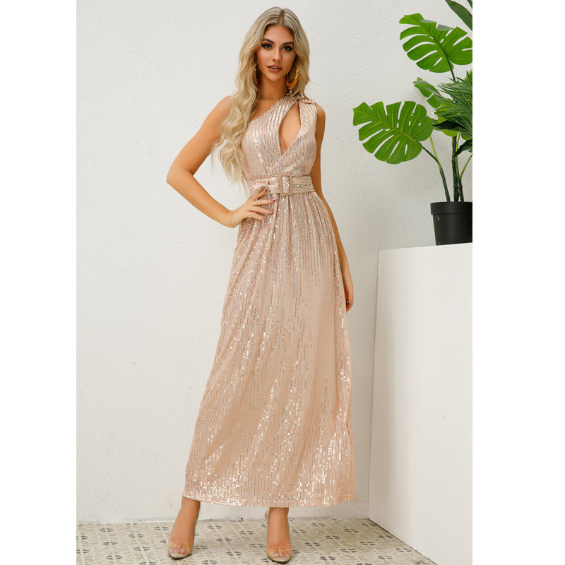 apricot Single Shoulder Lace-up Side Slit Midi Dress
