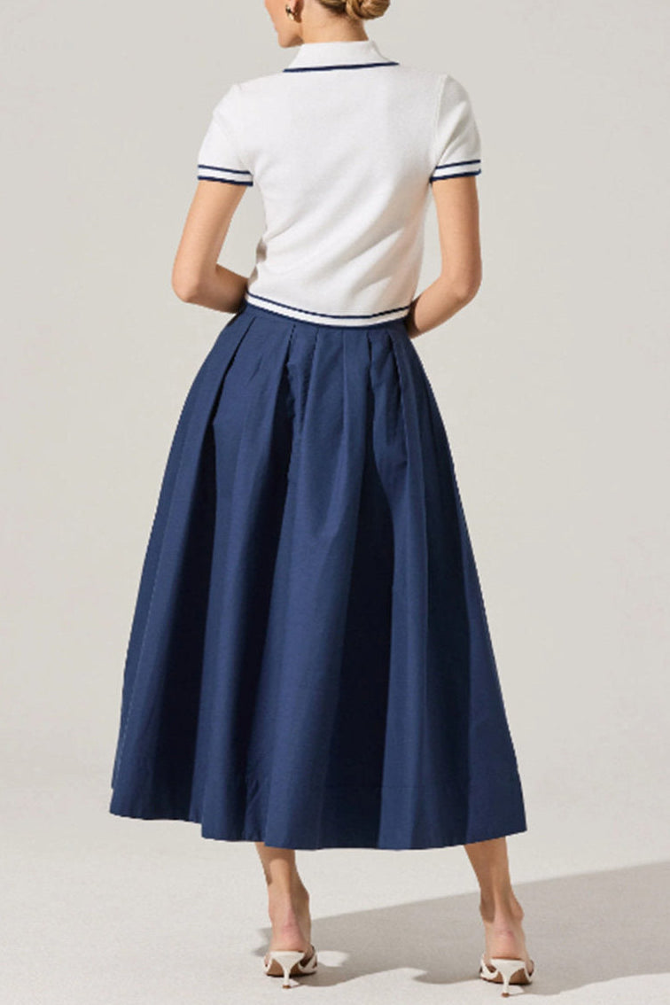 blue A-line pleated  midi skirt