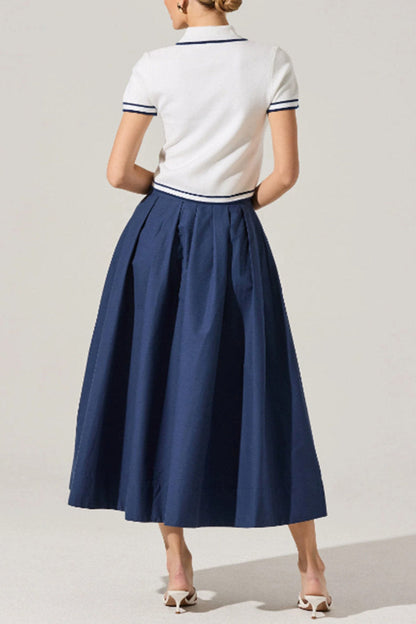blue A-line pleated  midi skirt
