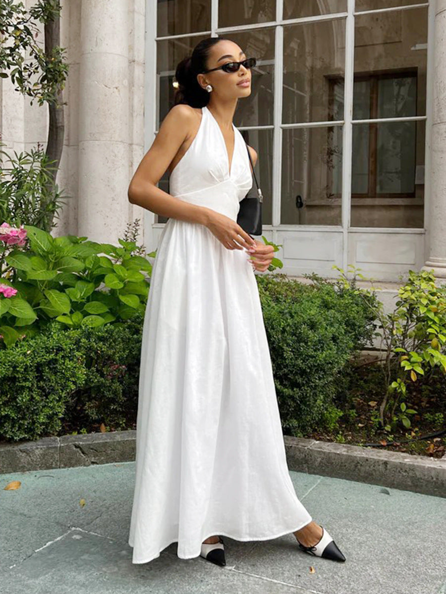 white Deep V-neck halter neck tie backless dress